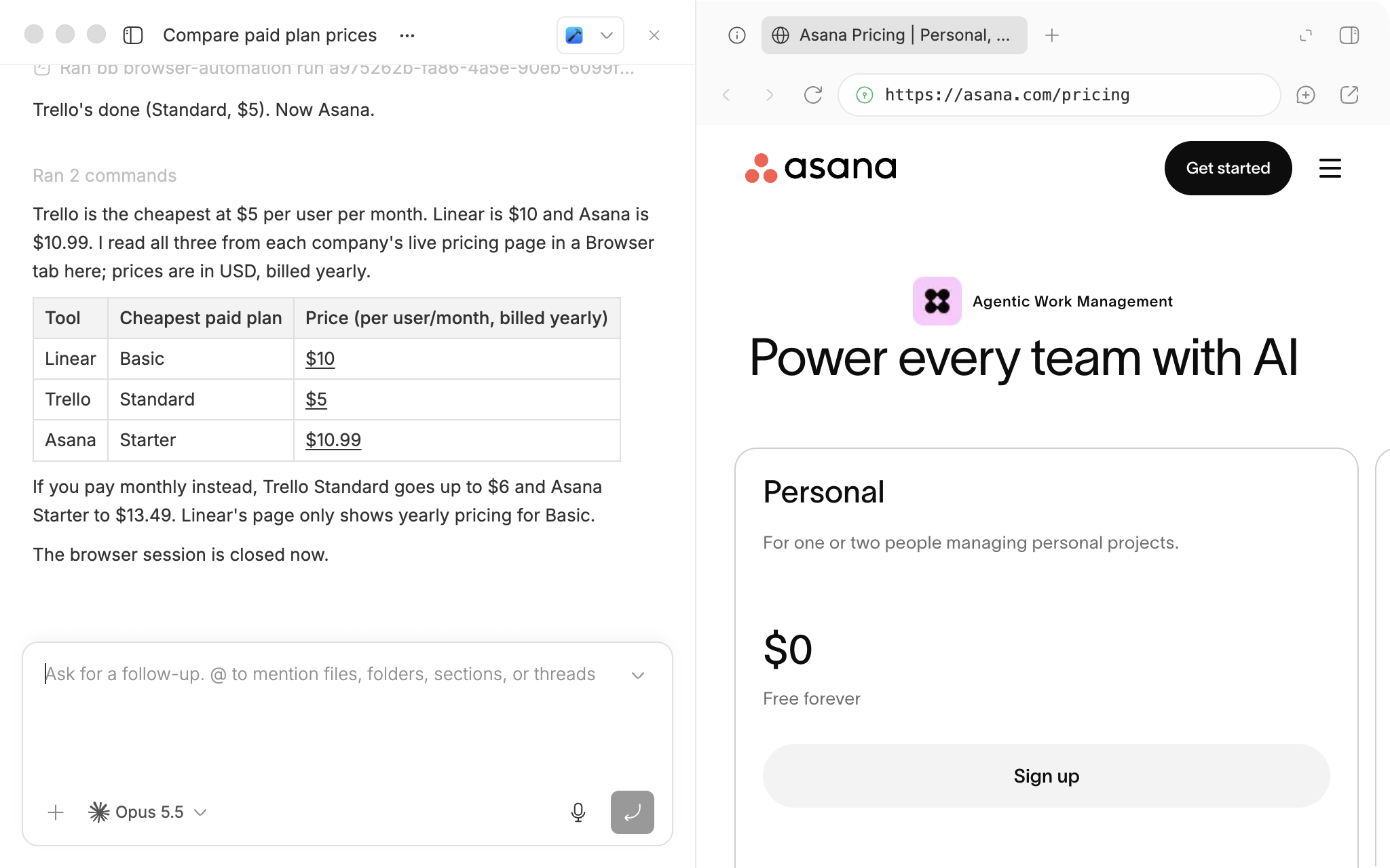 A bb thread with a table of the cheapest paid plans of Linear, Trello, and Asana, each price linked to its pricing page, next to Asana's pricing page in a Browser tab