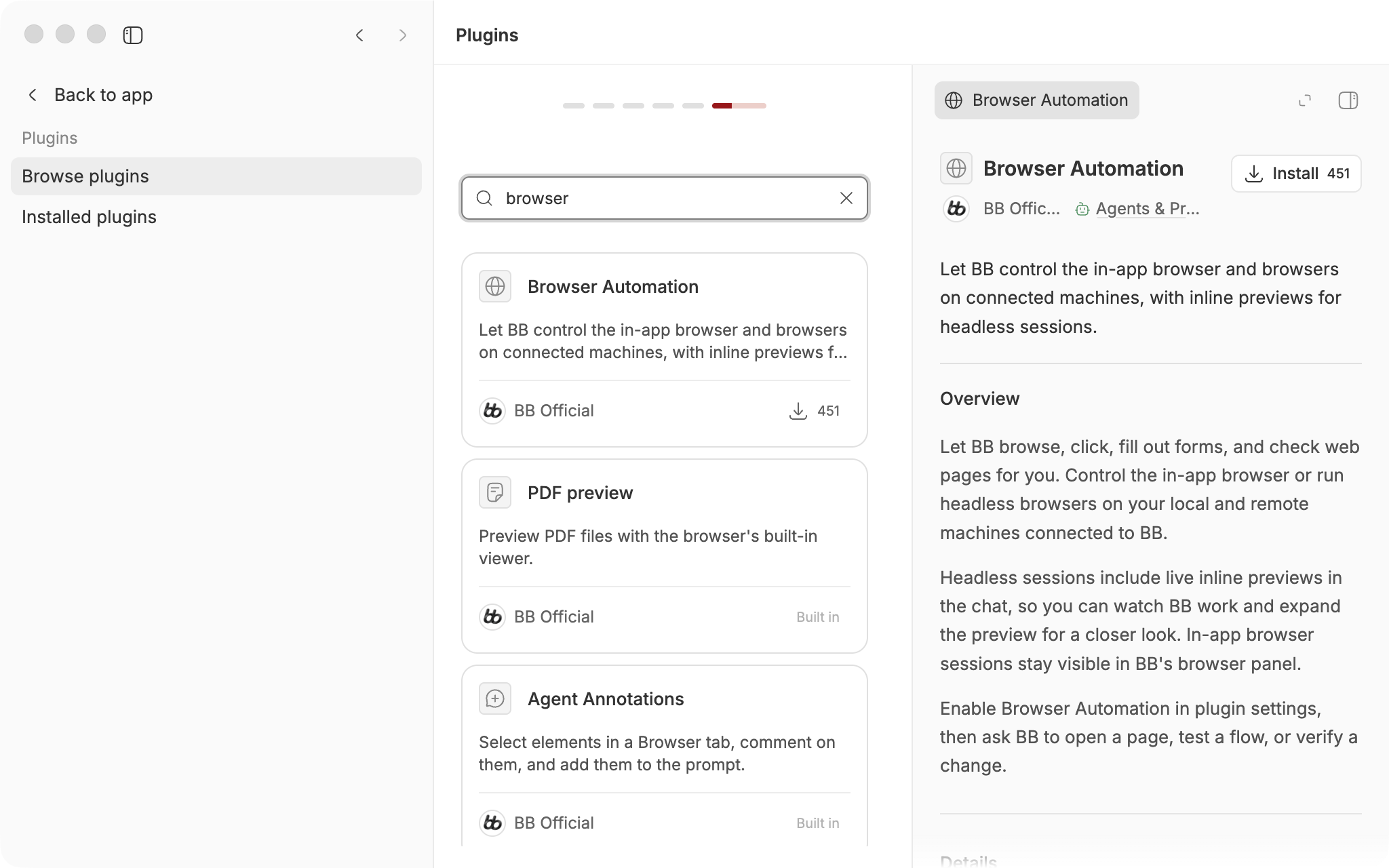 bb's Plugins page with Browse plugins selected in the sidebar, a search for browser, and Browser Automation open with an Install button