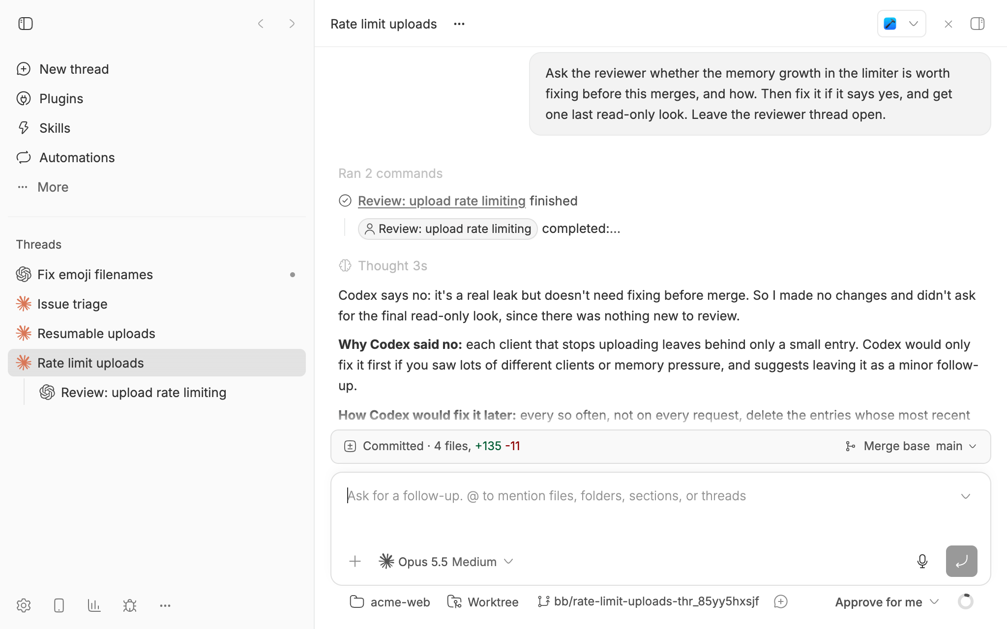 The Claude Code thread after it asked Codex whether a memory leak needed fixing before merge. It relays Codex's answer: a real leak, but fine as a follow-up, with how to fix it later.