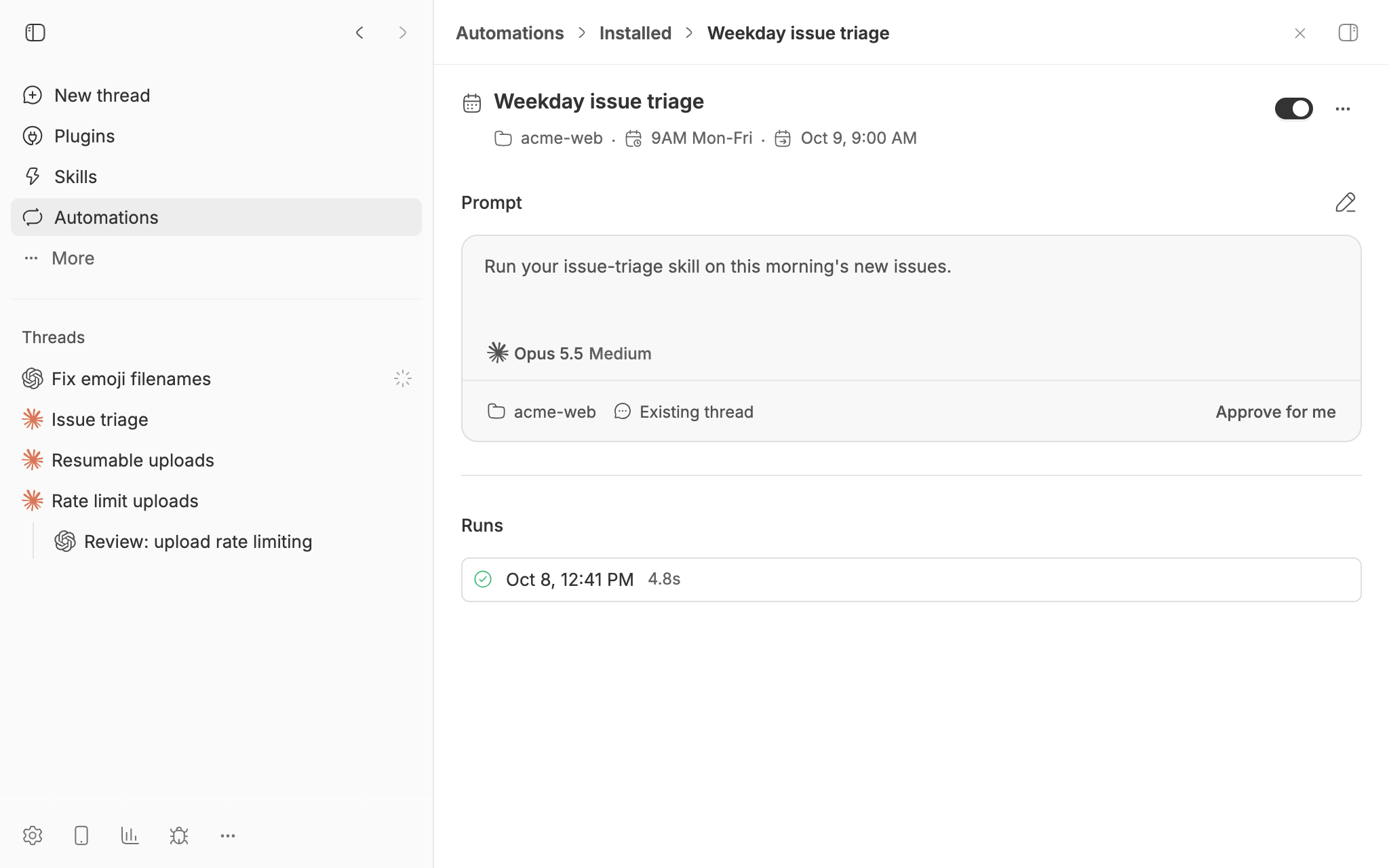 The Weekday issue triage automation in bb: 9AM Mon-Fri in acme-web, posting to an existing thread with the prompt “Run your issue-triage skill on this morning's new issues,” and one successful run