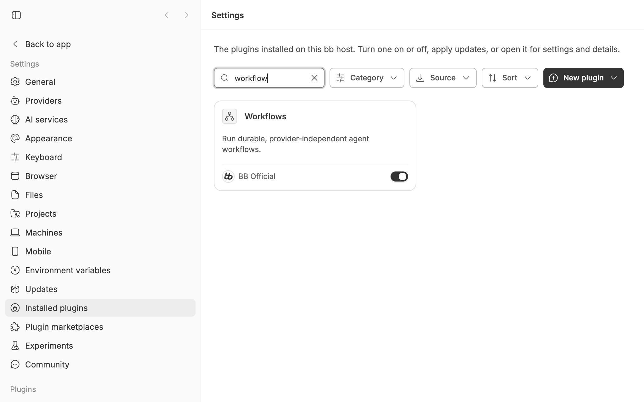 bb's Installed plugins settings filtered to Workflows, with its switch on