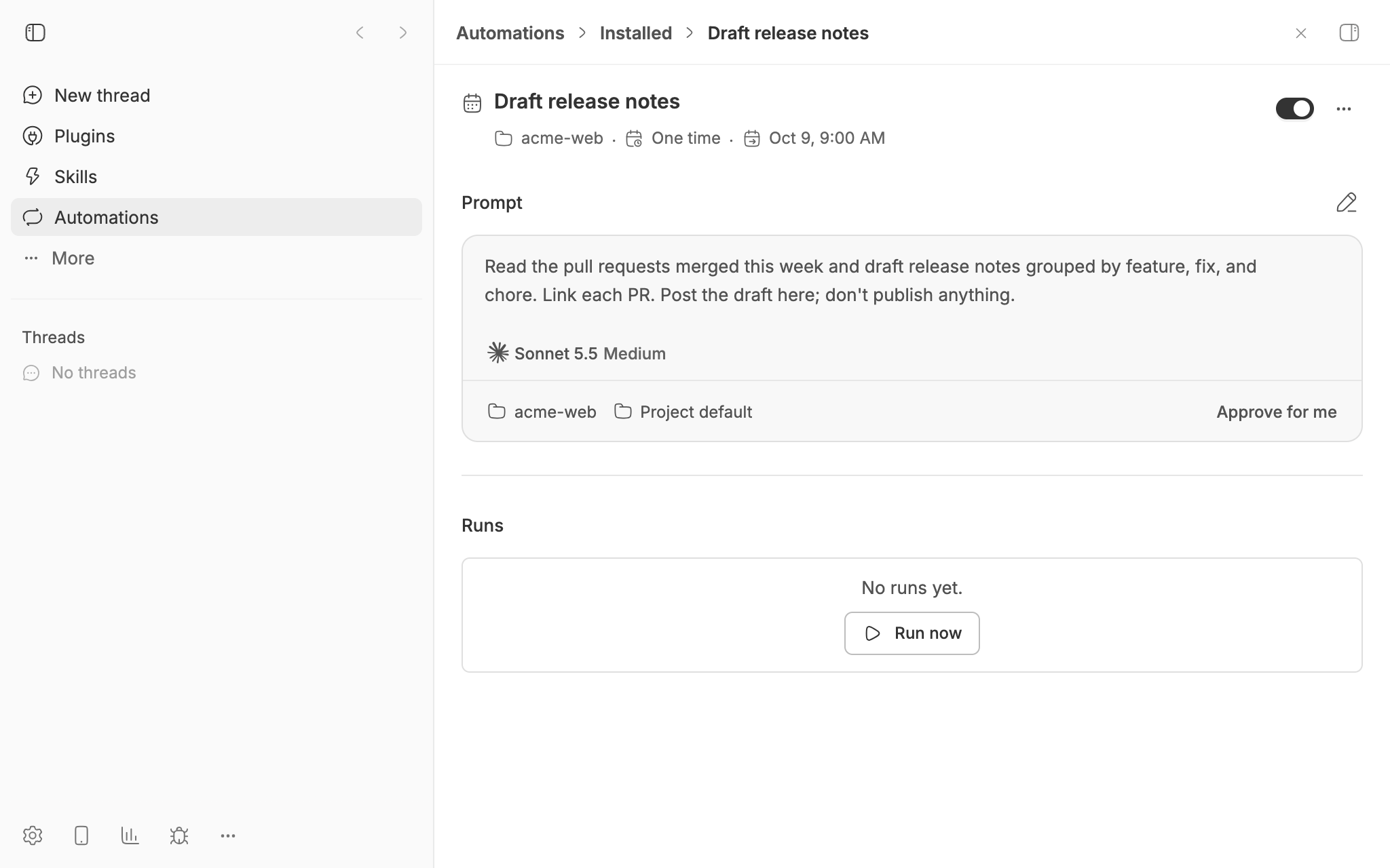 A one-time automation in bb, Draft release notes, scheduled for tomorrow at 9:00 AM, with its prompt and a Run now button