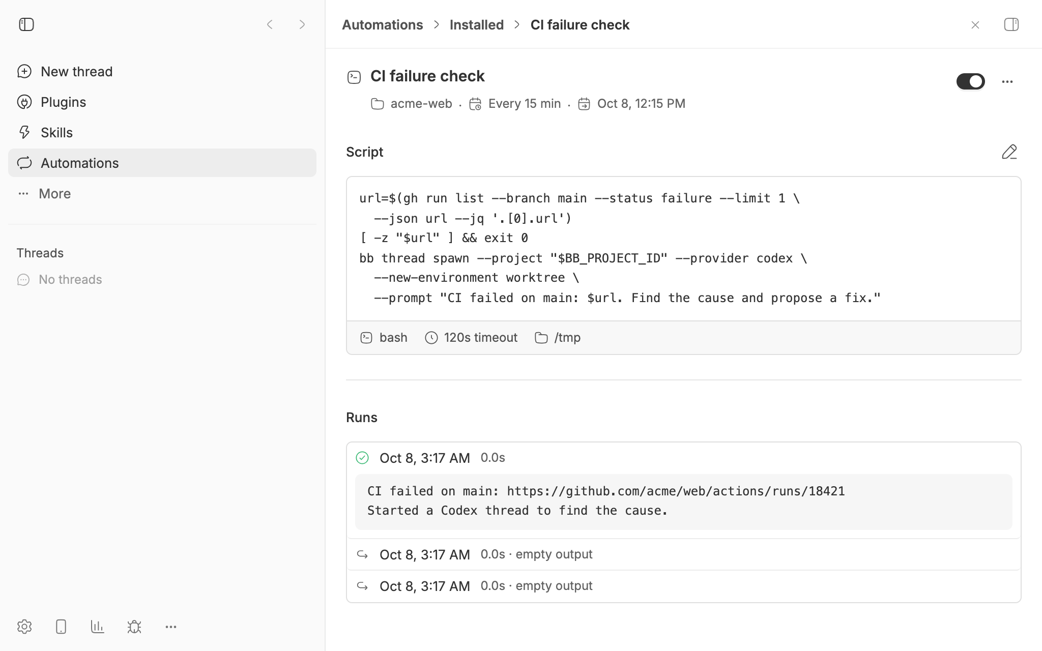 A CI failure check automation in bb that runs a script every 15 minutes. One run found a failed CI run and started a Codex thread; two runs found nothing and were skipped.