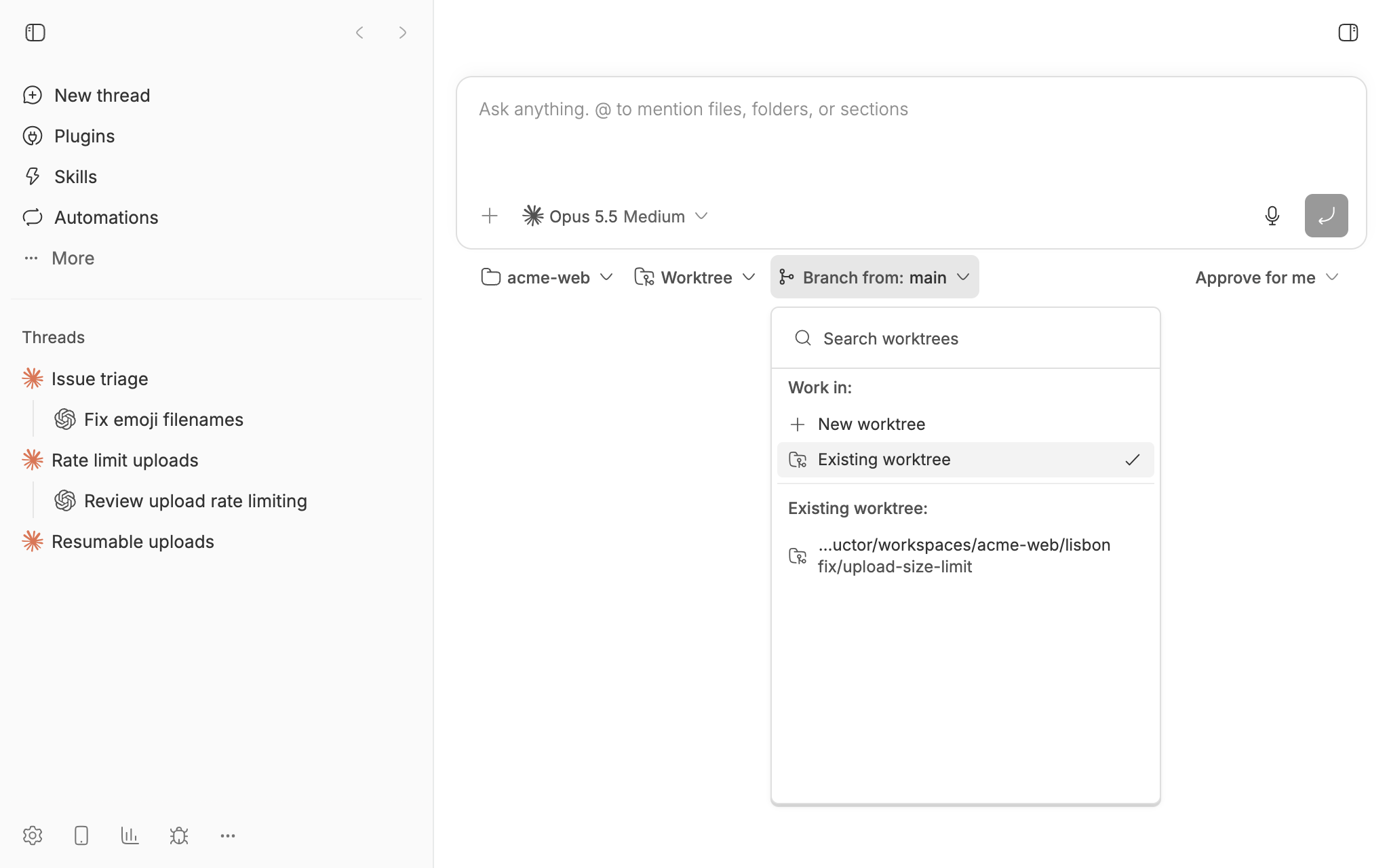 A new bb thread on acme-web with Worktree picked and the branch menu open on Existing worktree, listing a lisbon workspace on the fix/upload-size-limit branch