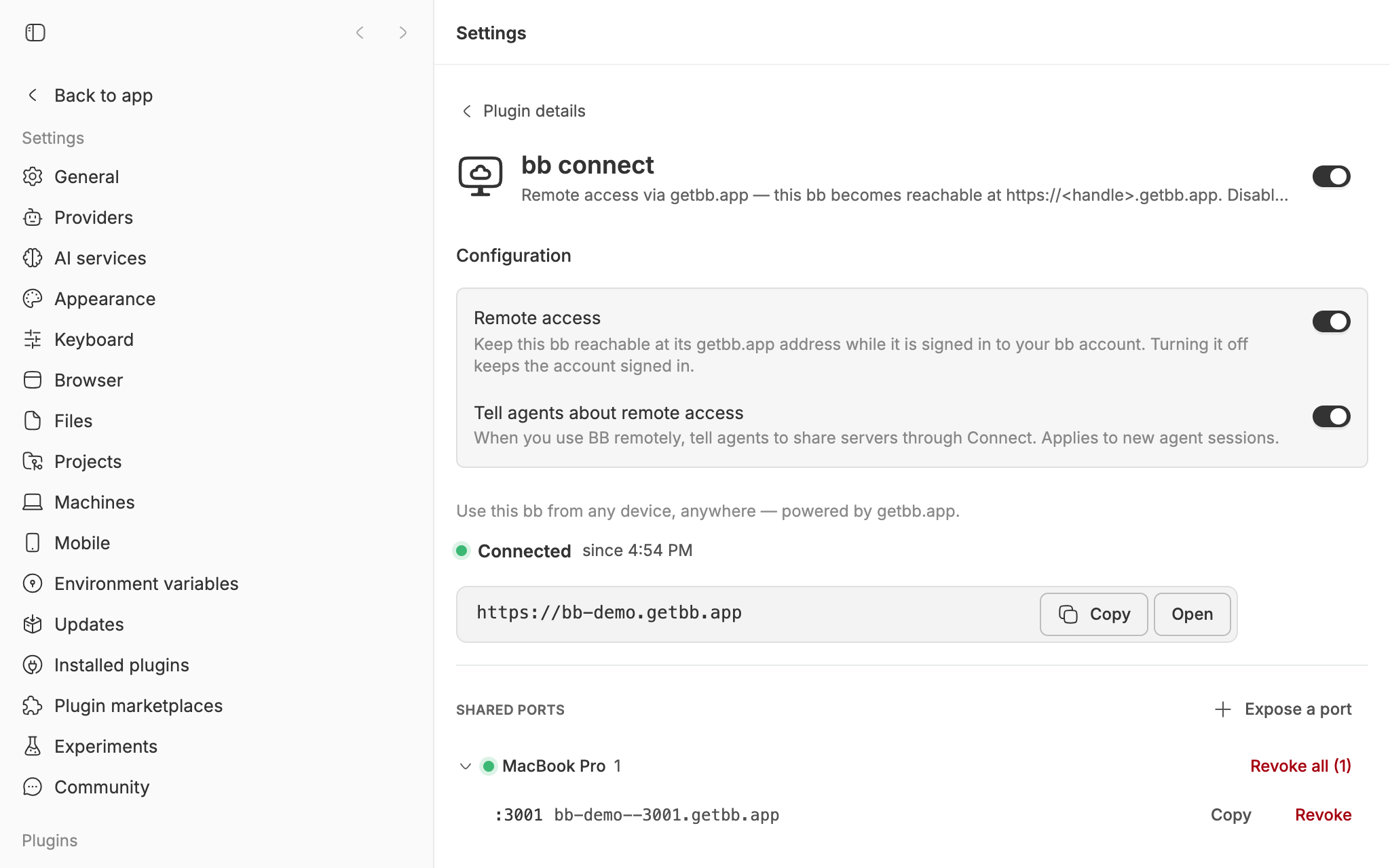 bb connect in bb's settings, connected at bb-demo.getbb.app, with port 3001 listed under Shared ports