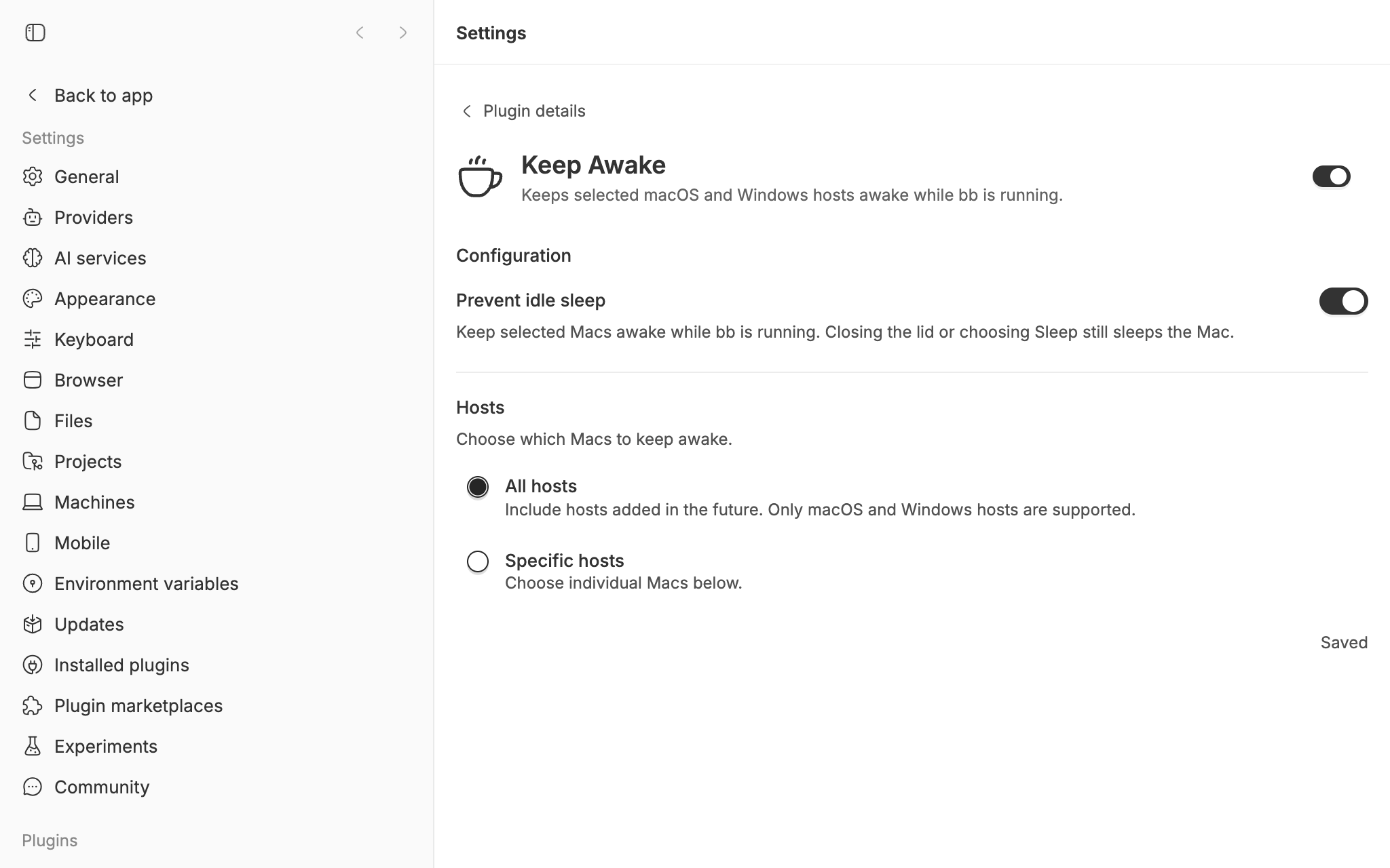 Keep Awake in bb's settings, with Prevent idle sleep on for all hosts