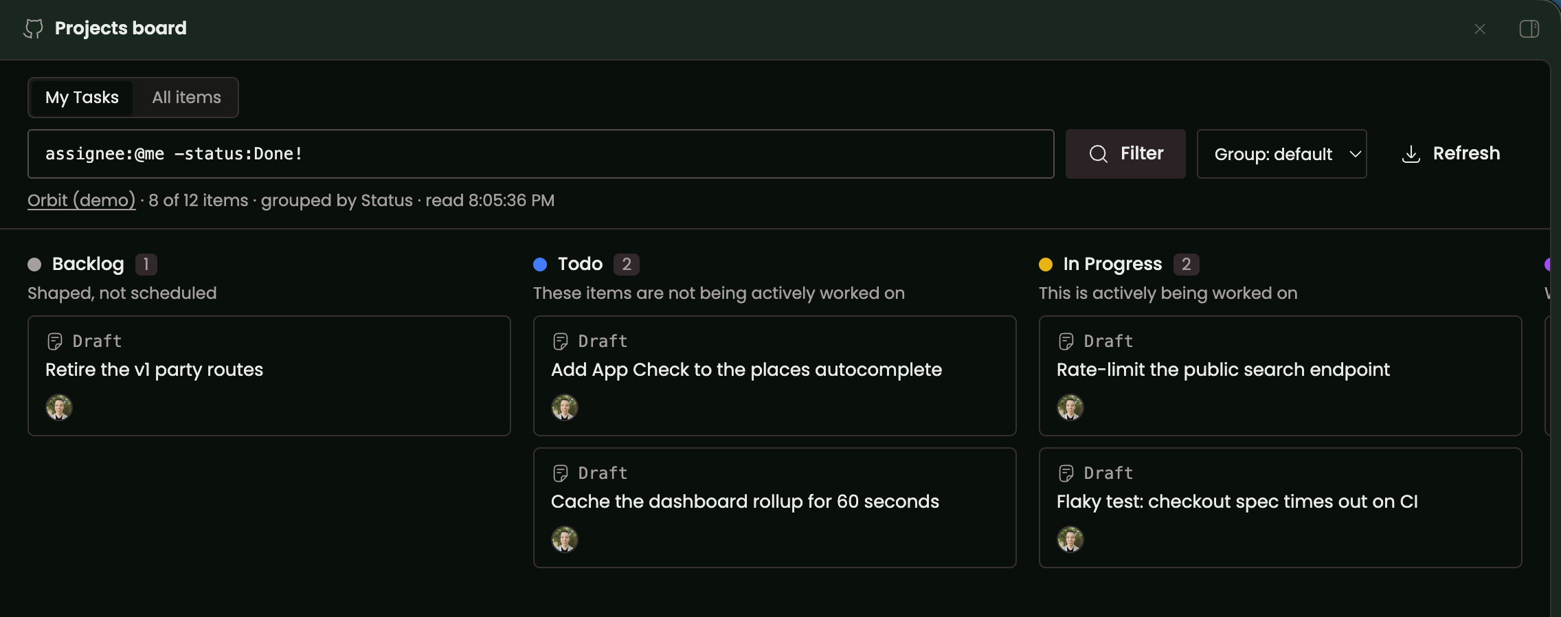 GitHub Projects Board screenshot 1